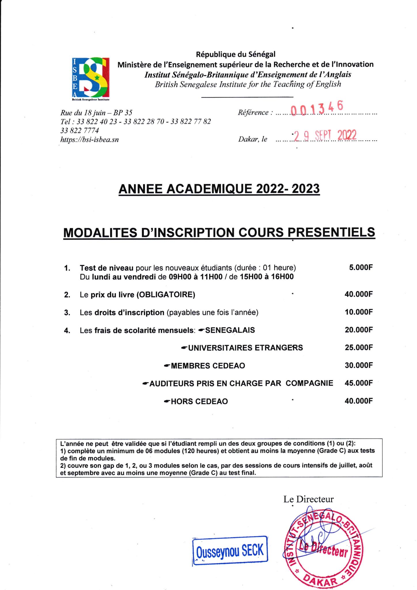 Modalités Inscriptions Cours Presentiels 2023 – BSI-ISBEA